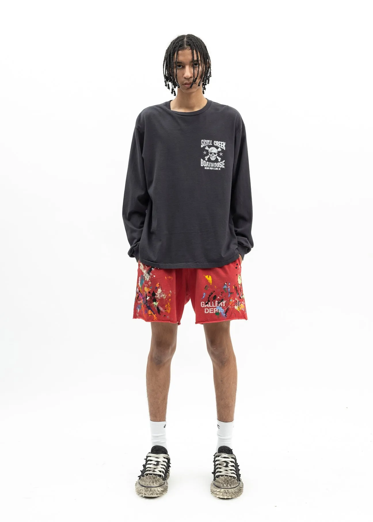 GALLERY DEPT. SKULL CREEK L/S TEE/BLK Glitter skull surf long sleeves, washed black S-XL, genuine development, correct version, garment dyed, washed and distressed, printing has a full sense of distress